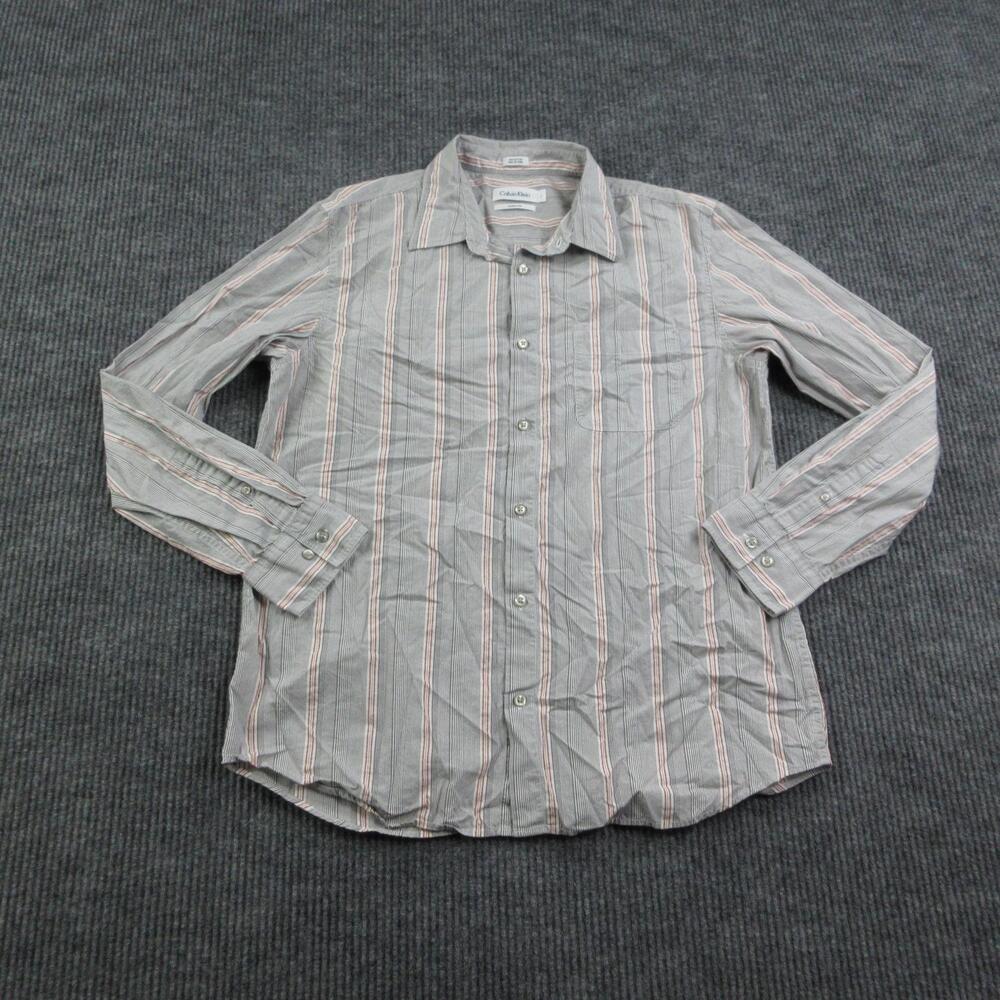 Calvin Klein Shirt Mens L Gray Striped Button Up Modern Fit Cotton Casual